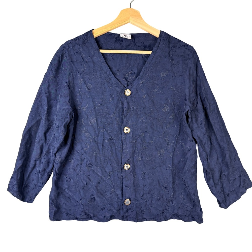 CP Shades Sausalito Navy Blue Floral Jacquard Rayon Button Front Blouse Small